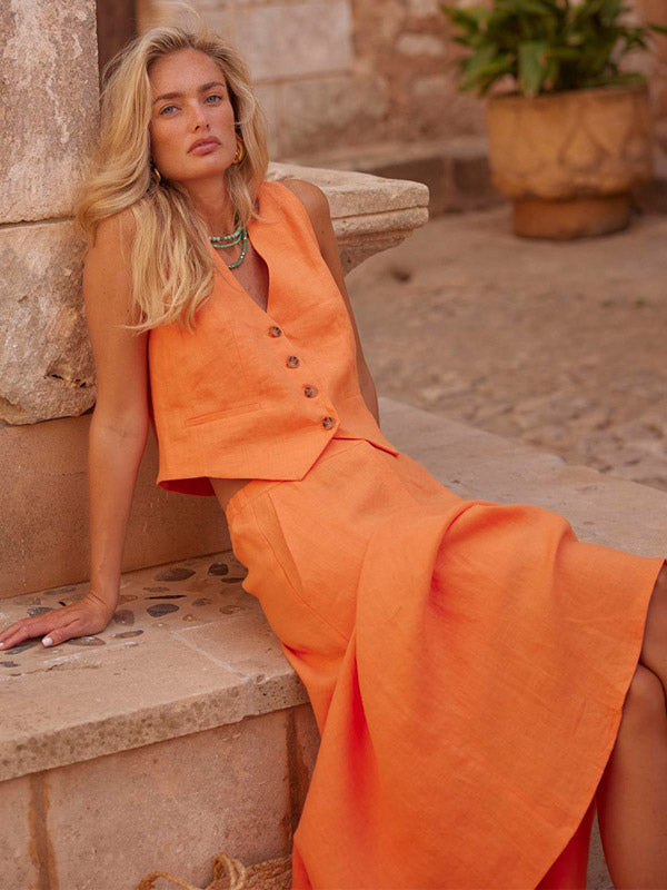 Two Piece Sets Skirt Set Orange Retro Buttons Resort Wear Linen V-Neck Sleeveless Sets