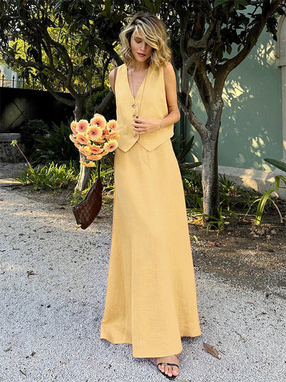 Two Piece Sets Skirt Set Orange Retro Buttons Resort Wear Linen V-Neck Sleeveless Sets