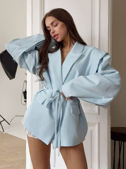 Women's Blazer Pleated Turndown Collar Buttons Long Sleeves Suit Jacket