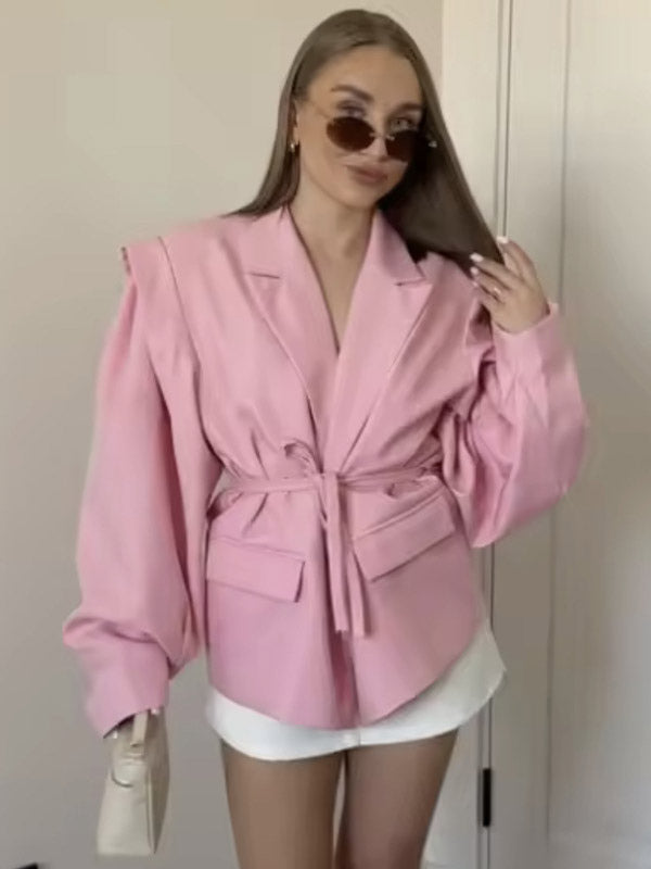 Women's Blazer Pleated Turndown Collar Buttons Long Sleeves Suit Jacket