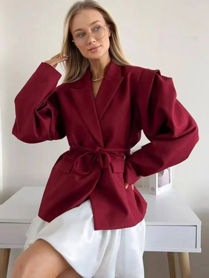 Women's Blazer Pleated Turndown Collar Buttons Long Sleeves Suit Jacket