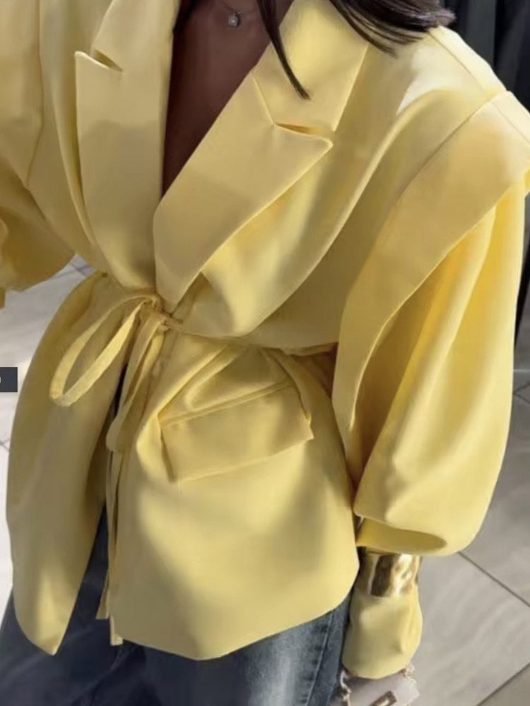 Women's Blazer Pleated Turndown Collar Buttons Long Sleeves Suit Jacket