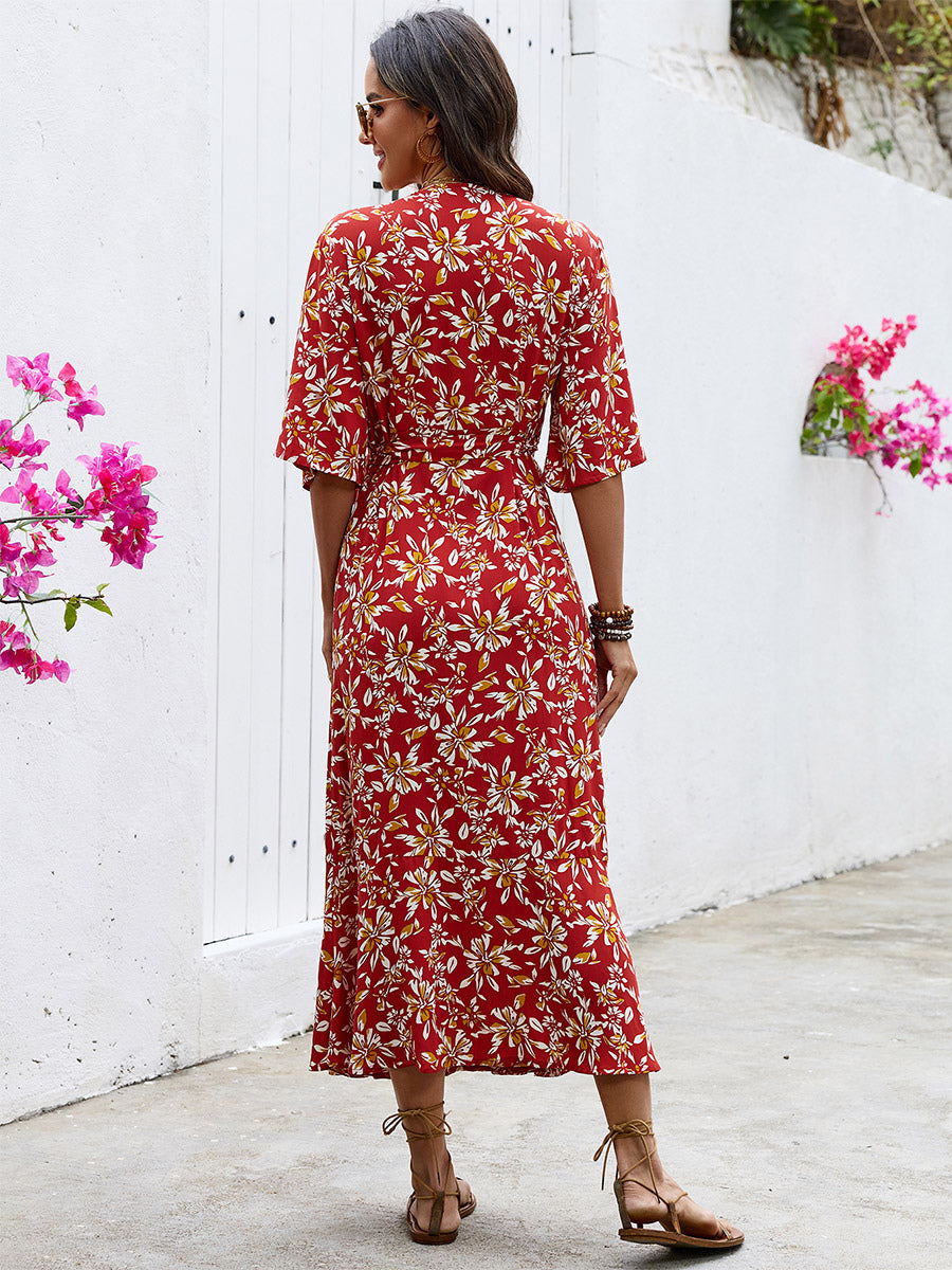 Bohemian Summer Vibes Red Floral Wrap Maxi Dress Lightweight Flirty Great For Beach City Strolls