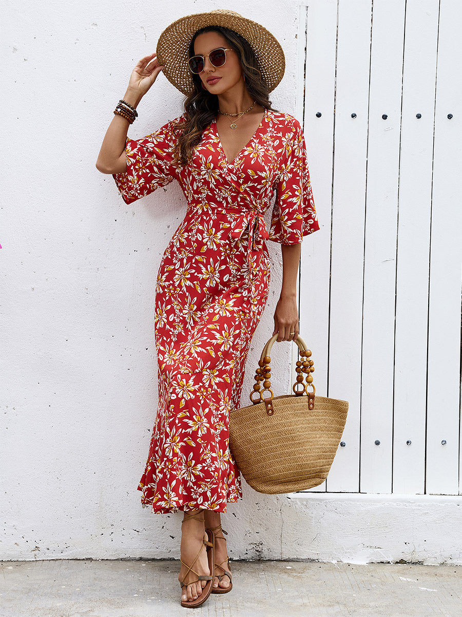 Bohemian Summer Vibes Red Floral Wrap Maxi Dress Lightweight Flirty Great For Beach City Strolls