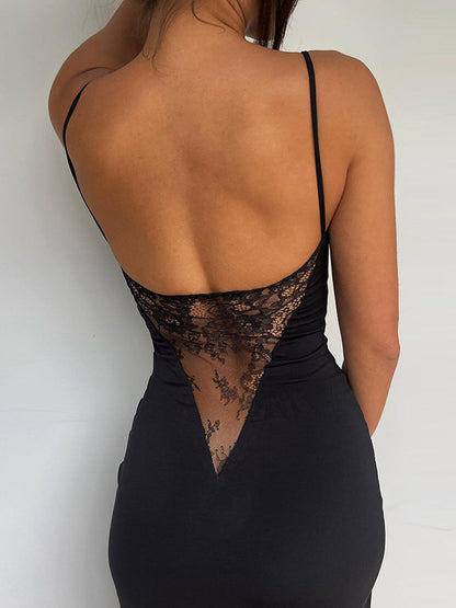 Party Dress Maxi Black Straps Neck Lace Backless Elegant Semi Formal Dress