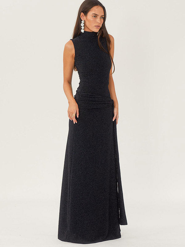 Party Dress Maxi Black Halter Belted Chic Semi Formal Dress