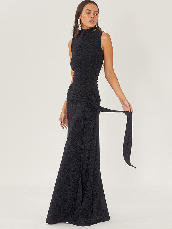 Party Dress Maxi Black Halter Belted Chic Semi Formal Dress