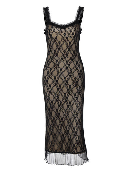 Party Dress Midi Black Straps Neck Lace Floral Print Backless Chic Semi Formal Dress