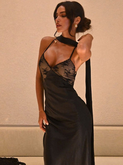Party Dress Maxi Black Straps Neck Ribbons Shaping Chic Semi Formal Dress
