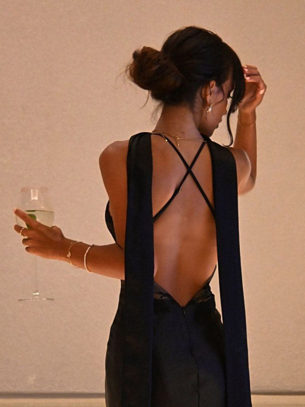 Party Dress Maxi Black Straps Neck Ribbons Shaping Chic Semi Formal Dress