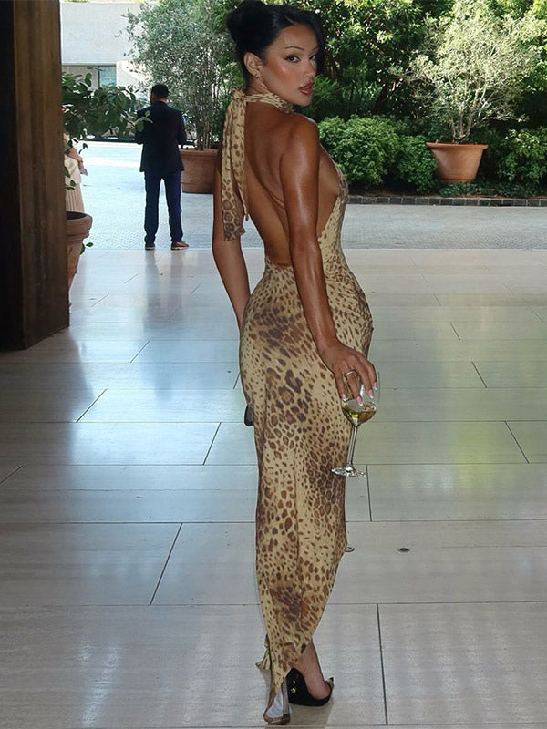Party Dress Maxi Leopard Halter Pleated Leopard Print Asymmetrical Chic Semi Formal Dress