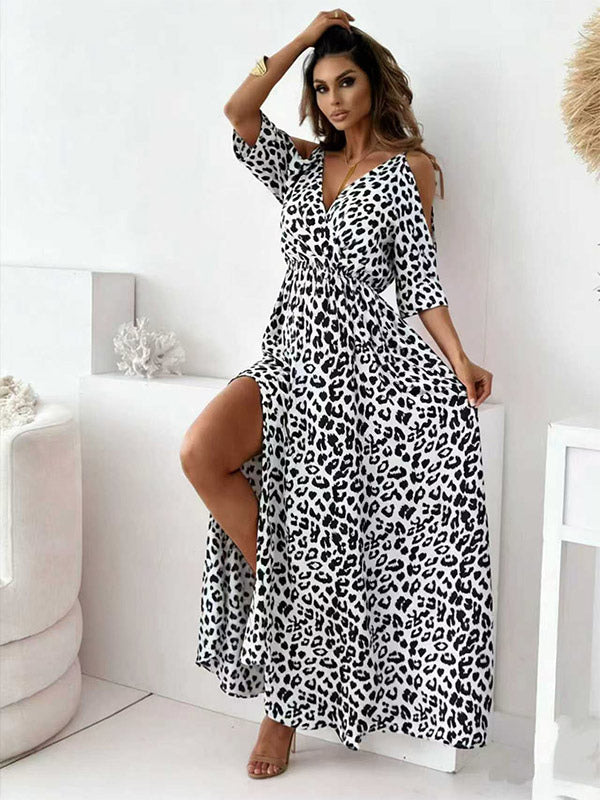 Maxi Dresses V-Neck Short Sleeves Animal Print Asymmetrical Floor Length Dress