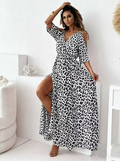 Maxi Dresses V-Neck Short Sleeves Animal Print Asymmetrical Floor Length Dress