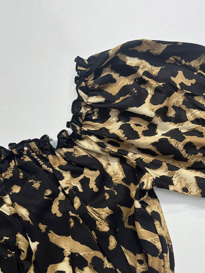 Two Piece Sets Leopard Leopard Print Daily Casual Strapless Long Sleeves Top Pant Set