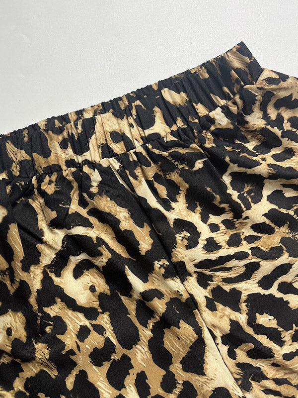 Two Piece Sets Leopard Leopard Print Daily Casual Strapless Long Sleeves Top Pant Set