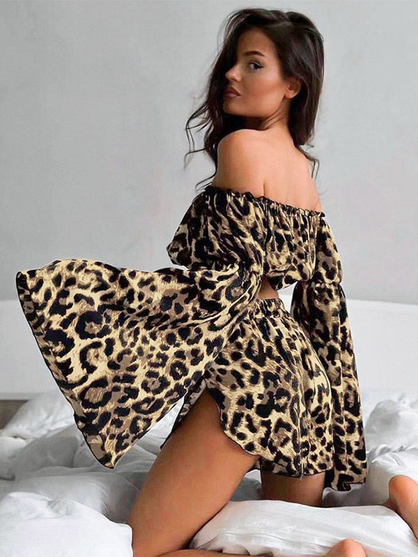 Two Piece Sets Leopard Leopard Print Daily Casual Strapless Long Sleeves Top Pant Set