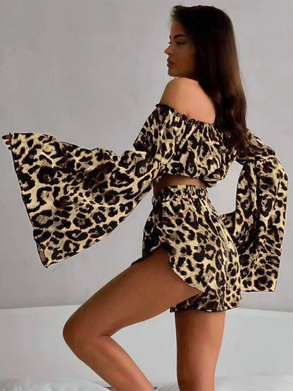 Two Piece Sets Leopard Leopard Print Daily Casual Strapless Long Sleeves Top Pant Set