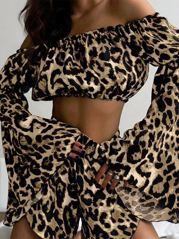 Two Piece Sets Leopard Leopard Print Daily Casual Strapless Long Sleeves Top Pant Set