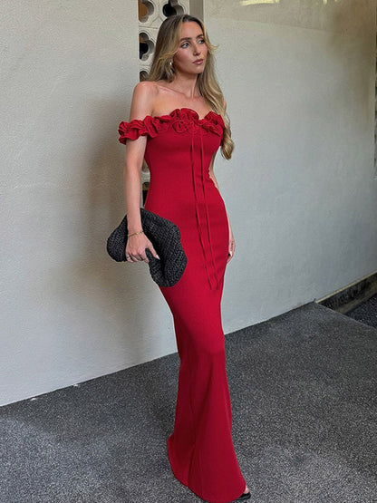 Party Dress Dresses Maxi Red Off-The-Shoulder Ruffles Chic Semi Formal Summer Dress