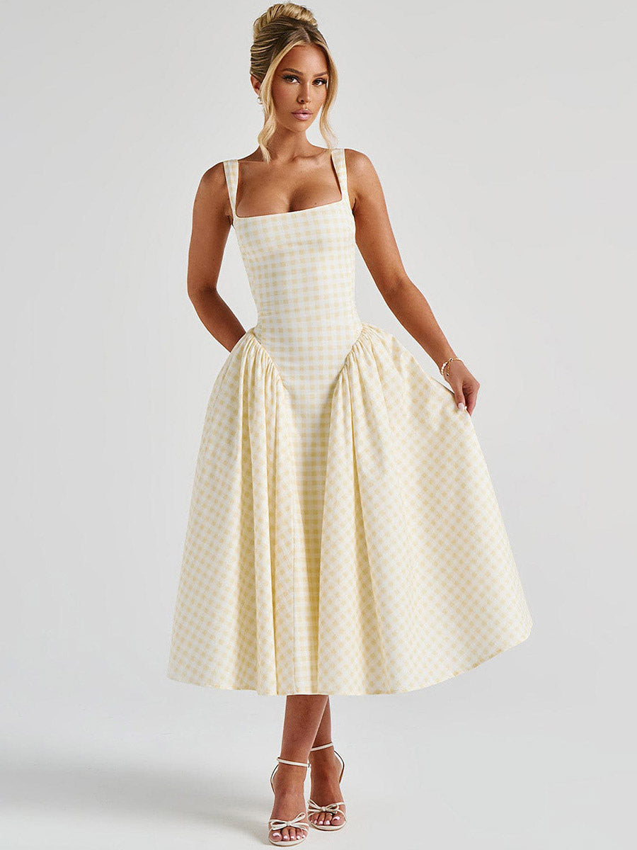 Party Dress Dresses Midi Pink Straps Neck Pleated Plaid Classic Semi Formal Summer Dress