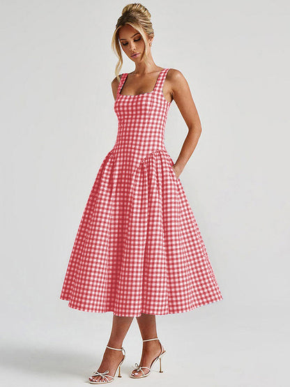 Party Dress Dresses Midi Pink Straps Neck Pleated Plaid Classic Semi Formal Summer Dress