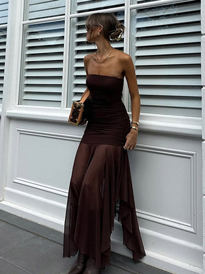 Party Dress Dresses Maxi Coffee Brown Strapless Pleated Sexy Semi Formal Summer Dress