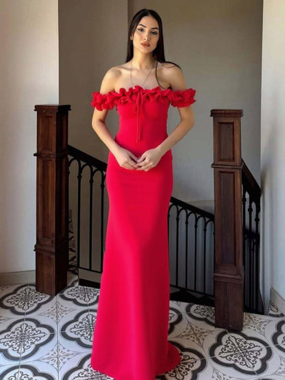 Party Dress Dresses Maxi Red Off-The-Shoulder Ruffles Chic Semi Formal Summer Dress