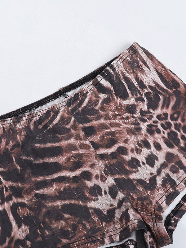 Two Piece Sets Leopard Casual Leopard Print Daily Strapless Long Sleeves Pant Set