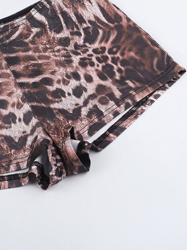 Two Piece Sets Leopard Casual Leopard Print Daily Strapless Long Sleeves Pant Set