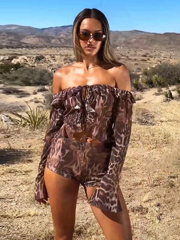 Two Piece Sets Leopard Casual Leopard Print Daily Strapless Long Sleeves Pant Set