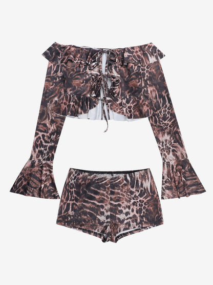 Two Piece Sets Leopard Casual Leopard Print Daily Strapless Long Sleeves Pant Set