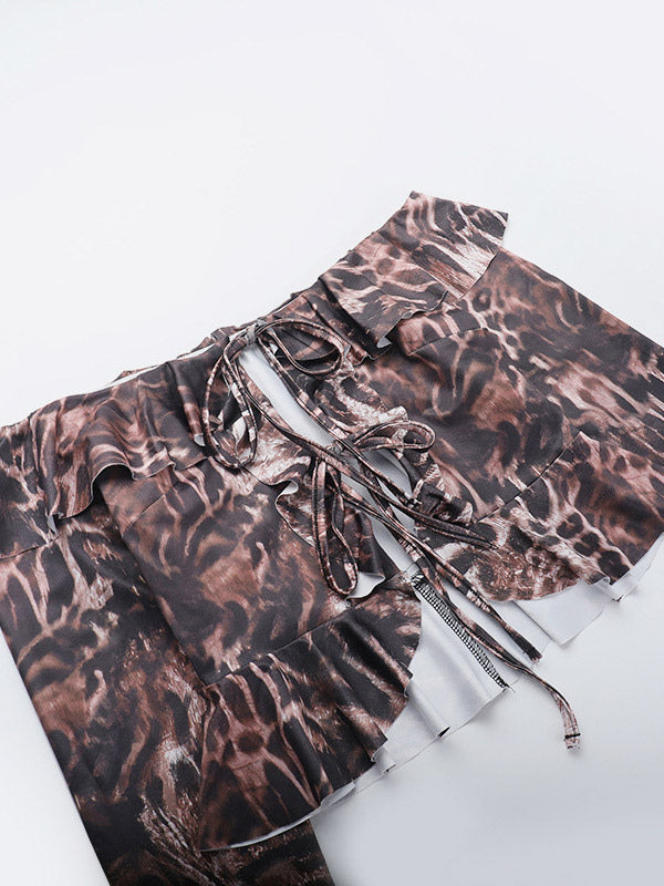 Two Piece Sets Leopard Casual Leopard Print Daily Strapless Long Sleeves Pant Set