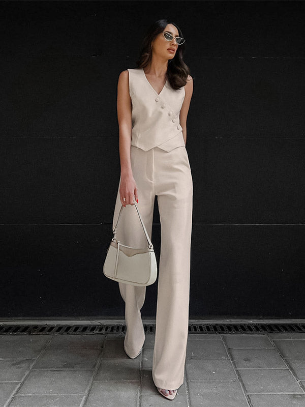 Two Piece Sets Apricot Daily Casual V-Neck Sleeveless Top Pant Set