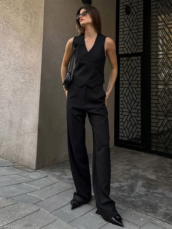 Two Piece Sets Apricot Daily Casual V-Neck Sleeveless Top Pant Set