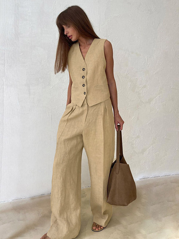 Two Piece Sets Khaki Street Wear V-Neck Sleeveless Top Pant Set