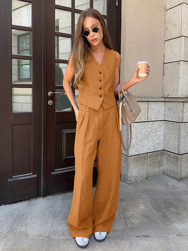 Two Piece Sets Khaki Street Wear V-Neck Sleeveless Top Pant Set
