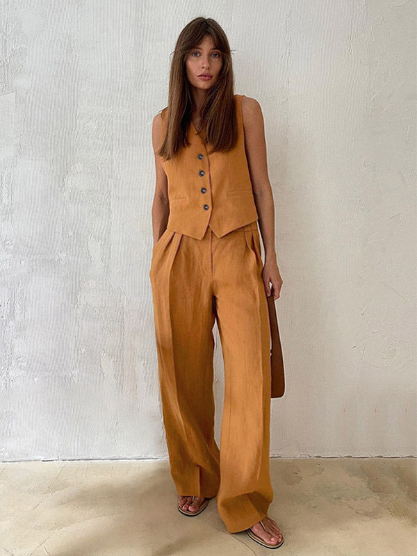 Two Piece Sets Khaki Street Wear V-Neck Sleeveless Top Pant Set