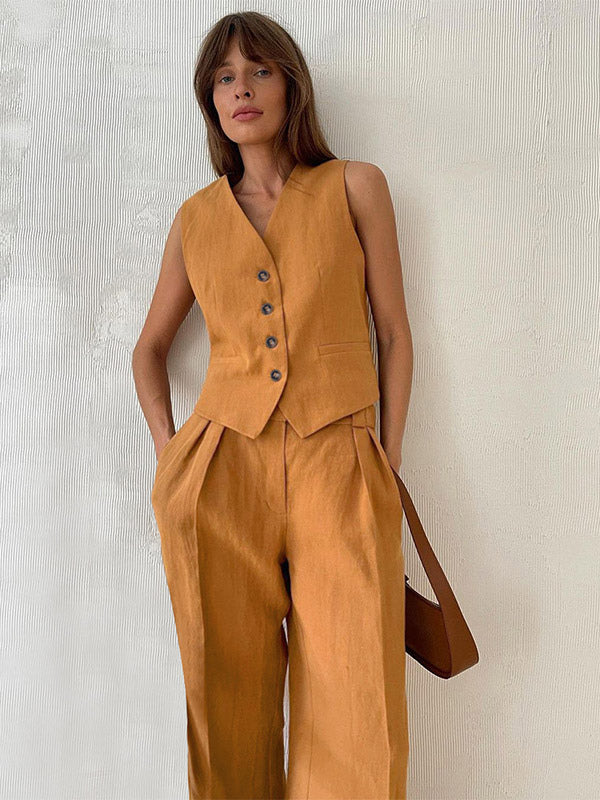 Two Piece Sets Khaki Street Wear V-Neck Sleeveless Top Pant Set