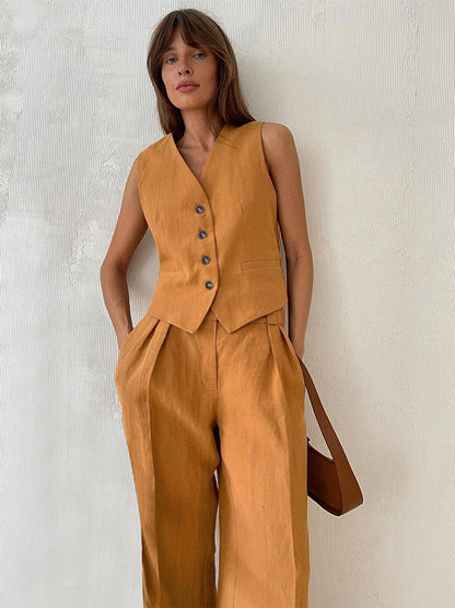 Two Piece Sets Khaki Street Wear V-Neck Sleeveless Top Pant Set
