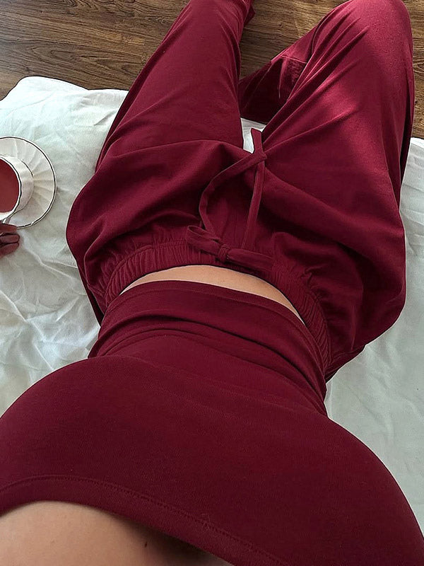 Two Piece Sets Burgundy Daily Casual Straps Neck Sleeveless Casual Pant Set