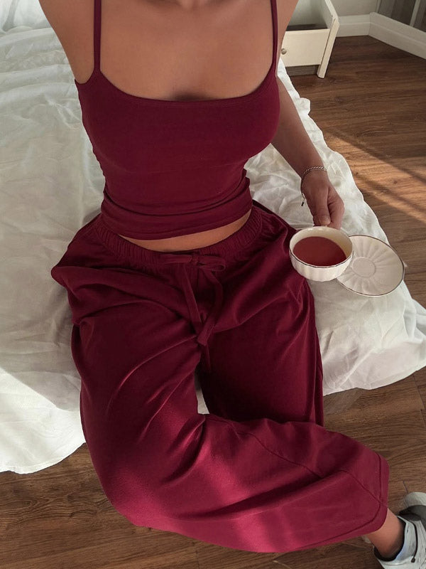 Two Piece Sets Burgundy Daily Casual Straps Neck Sleeveless Casual Pant Set