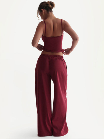 Two Piece Sets Burgundy Daily Casual Straps Neck Sleeveless Casual Pant Set