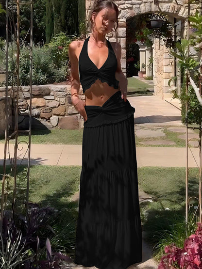 Two Piece Sets Red Chic Street Wear Halter Backless Pleated Sleeveless Skirt Set