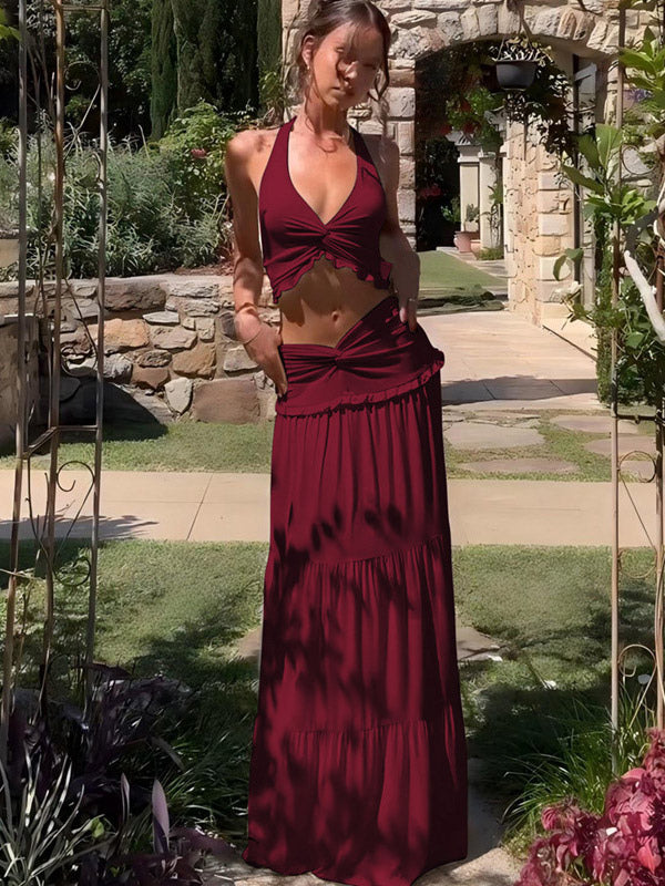 Two Piece Sets Red Chic Street Wear Halter Backless Pleated Sleeveless Skirt Set