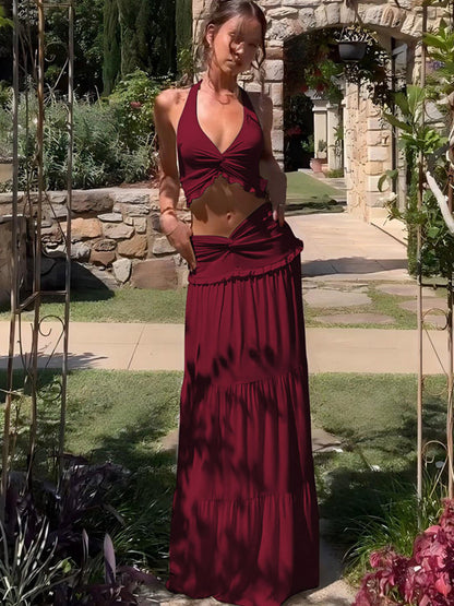 Two Piece Sets Red Chic Street Wear Halter Backless Pleated Sleeveless Skirt Set