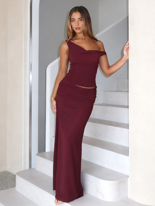 Two Piece Sets Burgundy Chic Dating V-Neck Backless Sleeveless Skirt Set