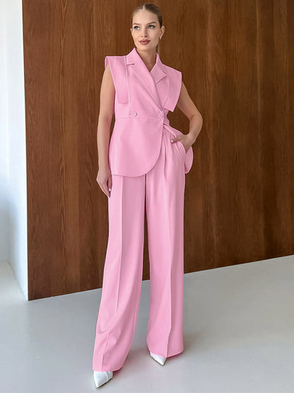 Two Piece Sets Pink Chic Daily Casual Turndown Collar Sleeveless Pant Set