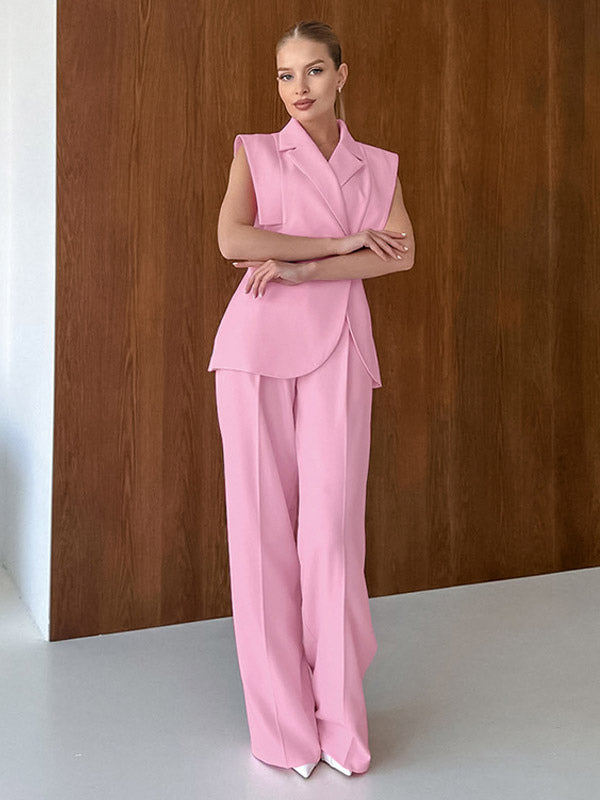 Two Piece Sets Pink Chic Daily Casual Turndown Collar Sleeveless Pant Set