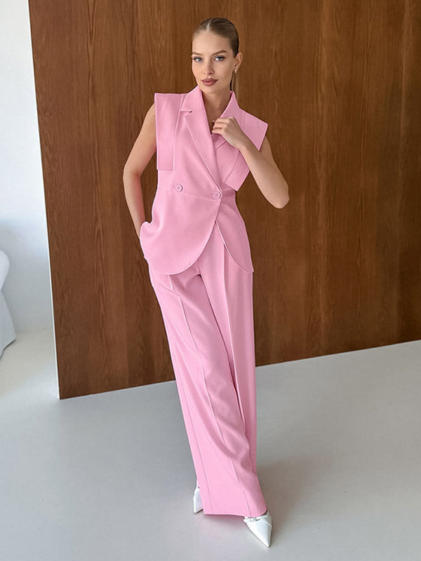 Two Piece Sets Pink Chic Daily Casual Turndown Collar Sleeveless Pant Set