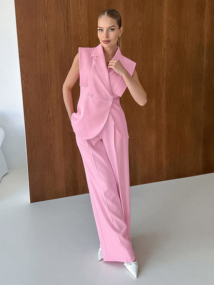 Two Piece Sets Pink Chic Daily Casual Turndown Collar Sleeveless Pant Set